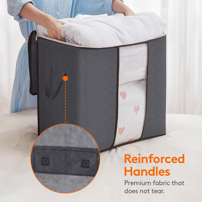 Lifewit Set of 3 Foldable Clothes Storage Bins with Lids, Zipper Closure, Clear Window, and Reinforced Handles for Organized Closet Storage of Clothing, Sweaters, Comforters, and Bedding in Gray